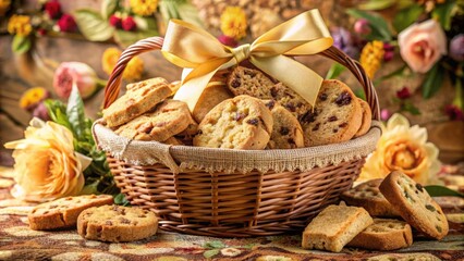 Poster - A wicker basket overflowing with freshly baked cookies, adorned with a delicate yellow bow, sits amidst a colorful floral display.