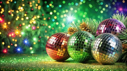 Poster - Sparkling disco ball ornaments set against a backdrop of twinkling holiday lights and lush green foliage.