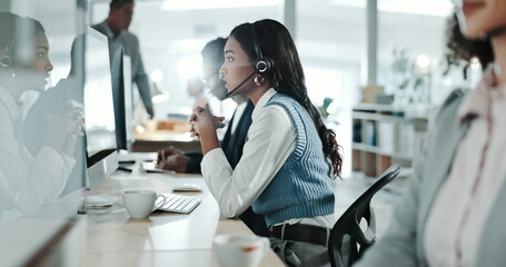 Poster - Call center, computer and consultant woman in support office for communication or customer service. Contact us, feedback and headset with person speaking in workplace for advice or virtual help