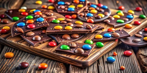 Poster - A close-up of artisan chocolate bark topped with colorful candy and nuts, resting on a rustic wooden cutting board, surrounded by scattered candies.