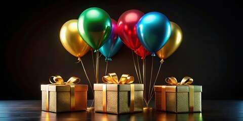 Poster - A festive arrangement of colorful balloons and golden gift boxes on a dark wooden surface.