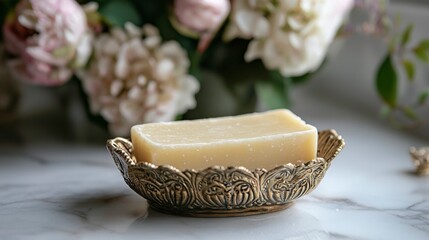 Poster - Elegant bar of soap in decorative dish surrounded by fresh flowers luxury bathroom decor close-up shot serenity concept
