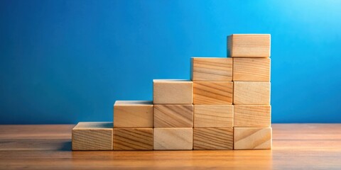 Aufkleber - Wooden blocks stacked in a staircase formation against a blue background, symbolizing growth, progress, and success.