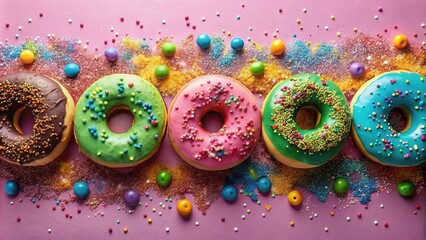 Poster - A delightful row of colorful donuts adorned with sprinkles and scattered with colorful candies on a pink background.