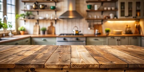 Aufkleber - Rustic Wooden Tabletop with a Blurred Background of a Cozy Kitchen with Open Shelving and a Gleaming Stove