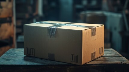 Poster - Efficient shipping solutions neatly folded cardboard box inside warehouse environment focus on packaging concept