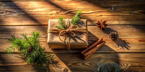 Poster - Rustic Christmas Gift Wrapped in Brown Paper with Twine and Pine Sprigs on Wooden Table
