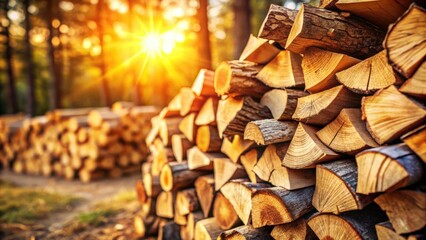 Aufkleber - A Stack of Firewood Logs Bathed in the Golden Glow of a Sunset in a Forest
