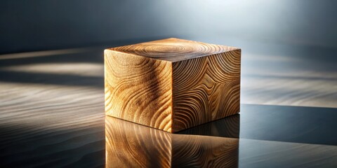Aufkleber - A wooden cube with intricate grain patterns rests on a glossy surface, bathed in a soft, ethereal light.