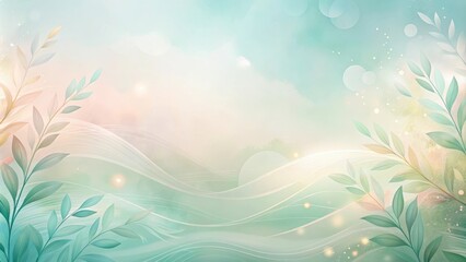 Poster - Abstract Watercolor Background with Delicate Leaves and Wavy Lines in Pastel Green and Peach Tones