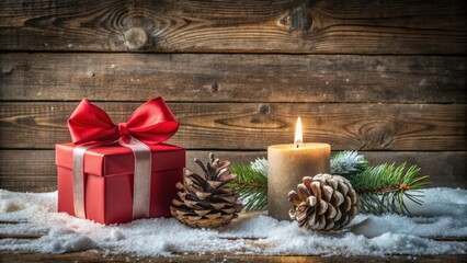 Poster - A Red Gift Box with a Bow, a Burning Candle, and Pine Cones Resting on a Snowy Wooden Surface