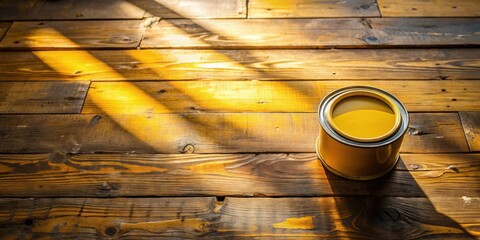 Poster - A single can of yellow paint sits on a weathered wooden surface bathed in warm sunlight.