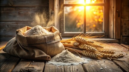 Poster - A burlap sack filled with flour sits on a wooden table with wheat stalks and dust particles illuminated by the warm glow of a window