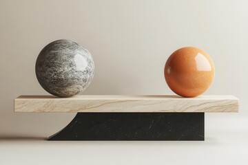 Poster - A minimalist composition featuring two spheres on a balancing wooden plank, emphasizing contrast between textures and colors.