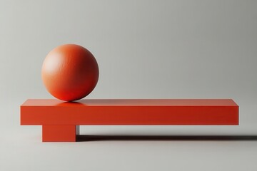 Poster - A minimalistic composition featuring a red sphere balanced on a geometrically shaped red platform against a neutral background.