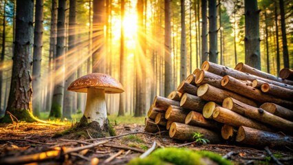 Poster - Golden Sunlight Illuminates a Solitary Mushroom in a Forest Clearing, a Pile of Logs Resting Beside It