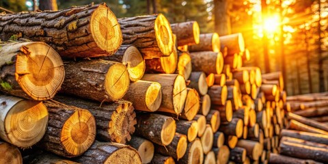 Poster - A Golden Glow Illuminates a Stack of Logs, Revealing the Beauty of Nature's Raw Materials