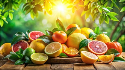Fototapete - A vibrant assortment of citrus fruits, including oranges, lemons, limes, grapefruits, and mandarins, bathed in the golden glow of sunlight, creates a symphony of color and freshness.