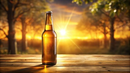 Poster - A Glass Bottle of Golden Beverage on a Wooden Table in Front of a Blurred Sunset Background
