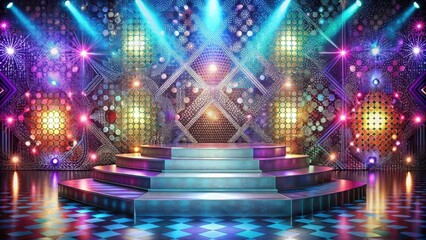 Aufkleber - A futuristic stage design with a circular platform illuminated by vibrant lights and a dazzling geometric backdrop