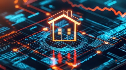 Poster - A digital representation of a house icon surrounded by abstract data patterns, symbolizing technology and real estate connections.