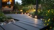 © wikkie - Serene garden pathway illuminated by soft lights and surrounded by greenery.