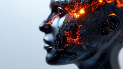 Canvas Print - Abstract head sculpture with glowing lava cracks.