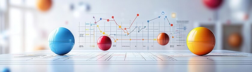 Poster - A colorful composition featuring spherical objects resembling eggs, set against a backdrop of graphs and data, symbolizing analysis and creativity.