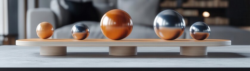 Poster - The image features a sleek display of five spheres, varying in size and material, elegantly arranged on a wooden base.