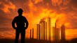 © 16:9 - Engineer Silhouette Against Industrial Sunset Urban Landscape Dramatic Image Industrial Environment Perspective on Labor and Growth