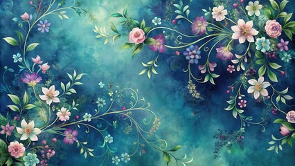 Poster - Delicate Watercolor Blooms on a Teal Background, with Intricate Floral Vines and Softly Rendered Flowers in Shades of Pink, Purple, and Blue.