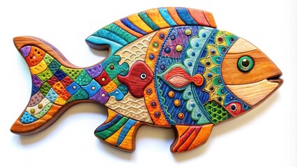 Poster - A vibrantly colored wooden fish sculpture with intricate carvings and detailed patterns in shades of blue, green, red, yellow, and orange.