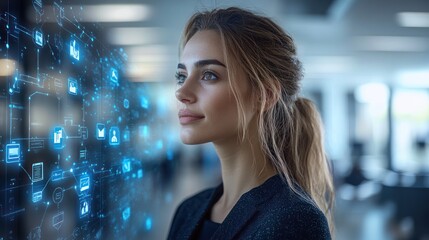 Wall Mural - Woman contemplating technology and digital connections.