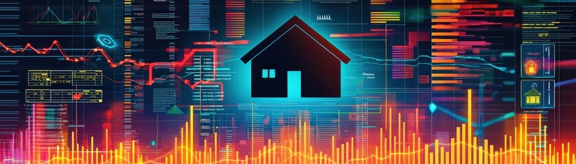 Poster - A digital illustration of a house surrounded by vibrant data visualizations, symbolizing the intersection of real estate and technology.