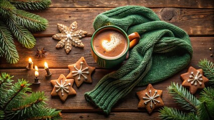 Poster - A cozy winter scene with a warm cup of coffee, gingerbread cookies, a knitted scarf, and flickering candles, all set against a rustic wooden background.