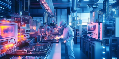 Poster - A modern electronics manufacturing plant with cleanrooms, precision equipment, and technicians assembling intricate electronic devices. Generative AI