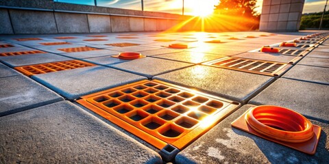 Aufkleber - A pattern of orange plastic grates set into a grey concrete surface, lit by the warm rays of the setting sun