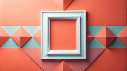 Poster - Minimalist White Picture Frame on Abstract Geometric Pattern of Coral and Aqua Colors