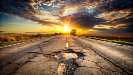 Aufkleber - A cracked asphalt road stretches towards a golden sunset, reflecting the vibrant sky in a single pothole