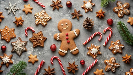 Wall Mural - A festive arrangement of gingerbread cookies, candy canes, star anise, and pine sprigs on a gray surface.