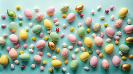 Poster - A vibrant pastel background features a multitude of Easter eggs in various colors and patterns, playfully scattered amongst a cascade of colorful candy.