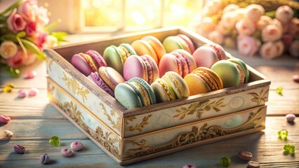 Poster - A vintage wooden box filled with pastel-colored macarons, surrounded by soft pink flowers and natural light shining through a window.