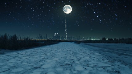 Wall Mural - a serene night scene showcasing a city skyline under a bright moon and starry sky.