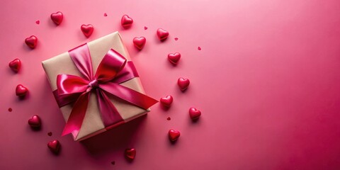 Poster - A gift box wrapped in brown paper adorned with a large pink satin bow, surrounded by scattered red hearts on a pink background