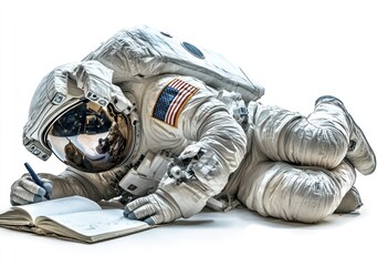 Wall Mural - an astronaut writing in a notebook while lying on the ground.