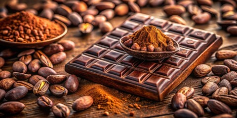 Poster - A close-up of dark chocolate bar with cocoa powder and roasted beans on a wooden table