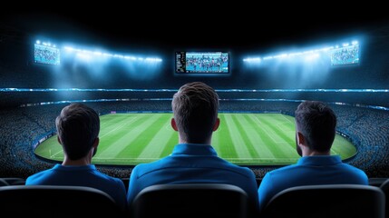 Wall Mural - Three Fans Watching a Soccer Match in a Brightly Lit Stadium with Large Screens and a Packed Crowd