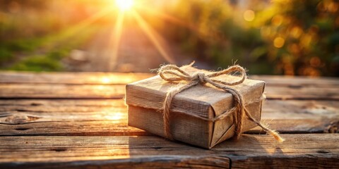 Poster - A Rustic Gift Box Wrapped in Twine with a Delicate Bow, Bathed in Warm Sunset Light