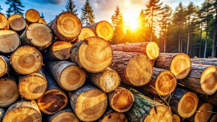 Poster - A Stack of Tree Trunks Bathed in Golden Sunlight, Showing Their Beautiful Grain Patterns and the Intricate Rings of Their Growth