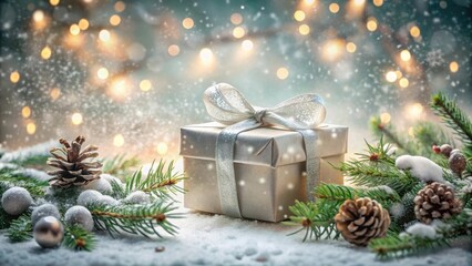 Aufkleber - A Festive Gift Wrapped in Silver Ribbon Set Against a Snowy Background of Pine Branches, Pine Cones, and Glowing Lights